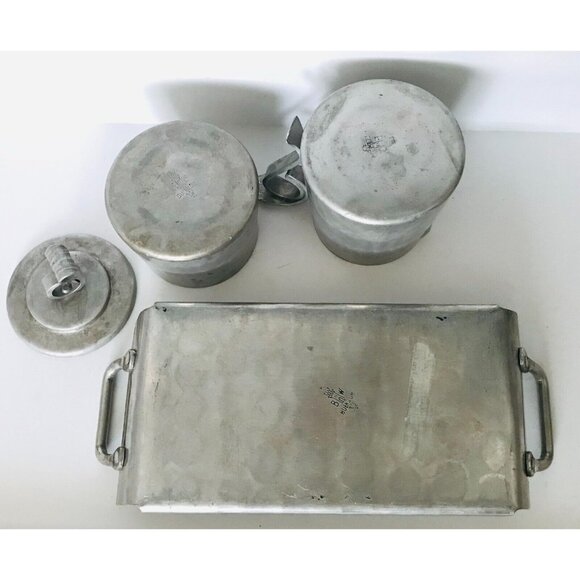 1940s Buenilum Hammered Aluminum Cream & Sugar Set & Serving Tray BW Metalwork - Picture 7 of 13